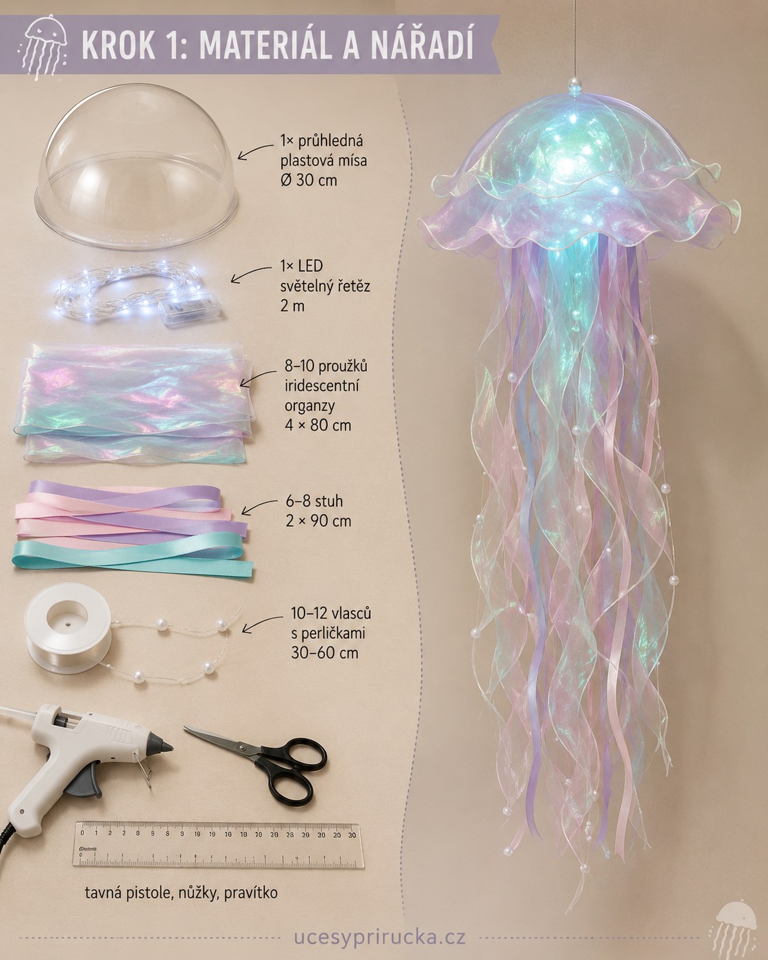 Materiál a nářadí pro DIY lampu medúzu z organzy rozložené na stole před začátkem tvoření