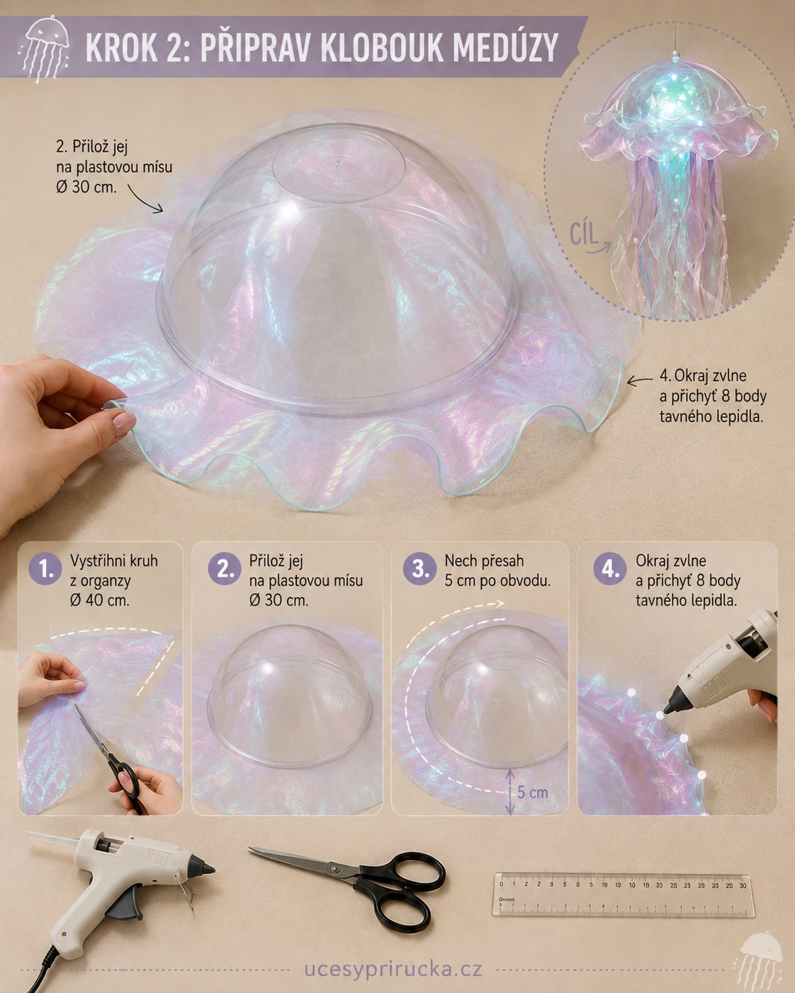Přilepování zvlněného okraje klobouku DIY lampy medúzy z organzy na plastovou misku