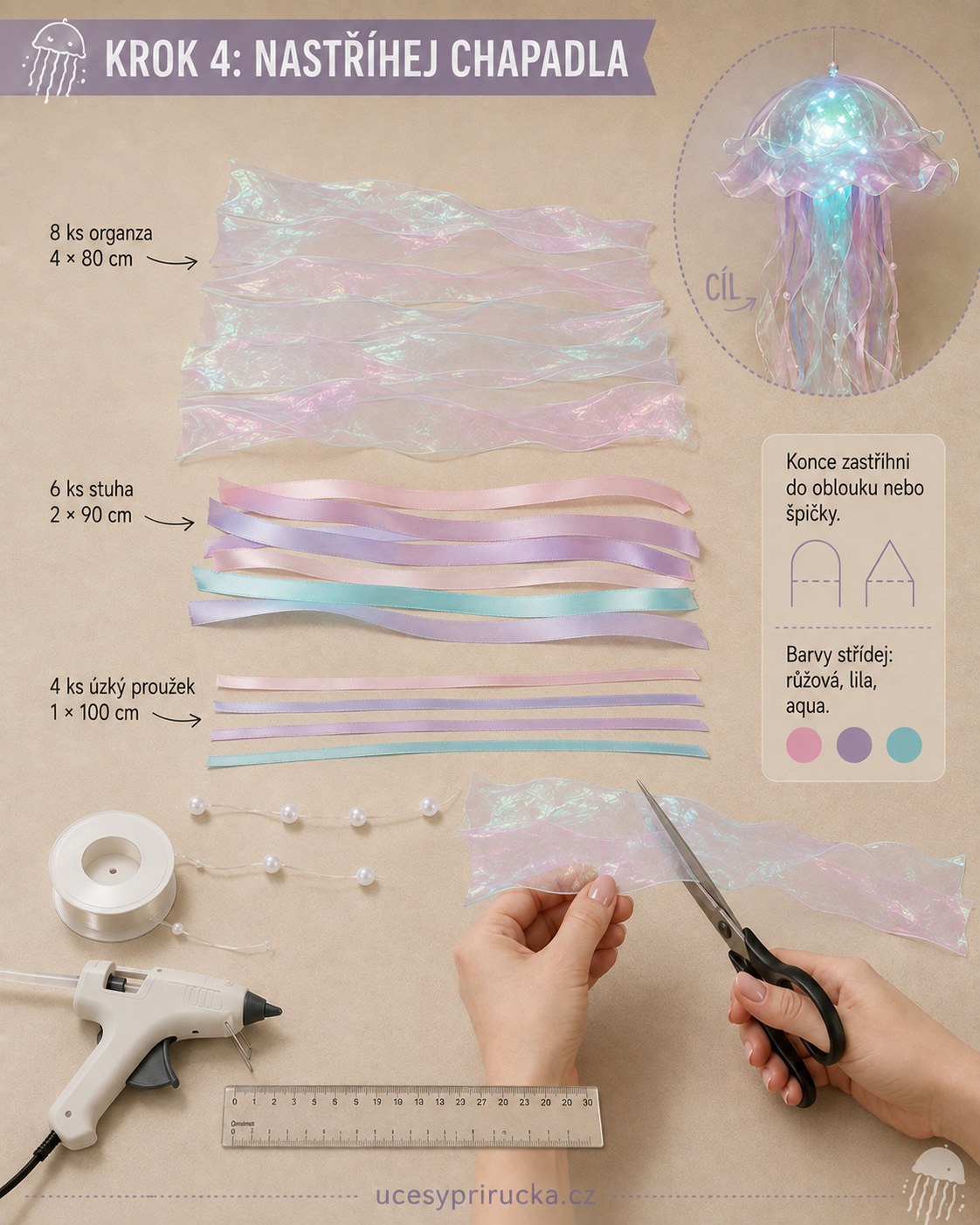 Nastříhané proužky iridescentní organzy a stuh pro chapadla DIY lampy medúzy