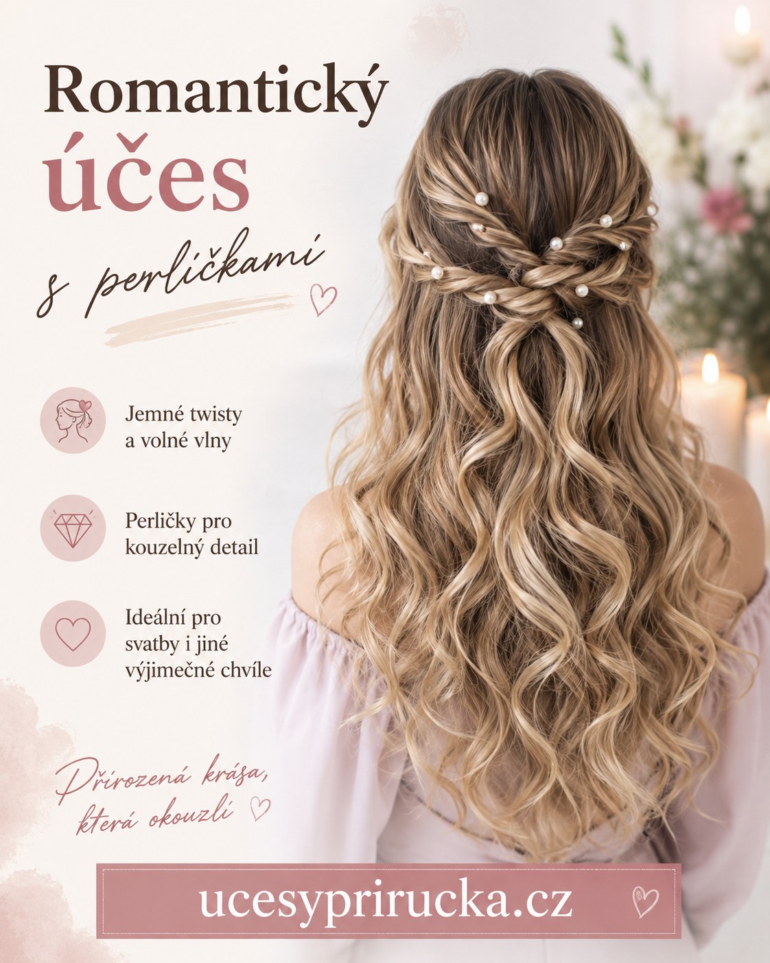 Romantický účes s perličkami vpletenými do jemných twistů a volných vln
