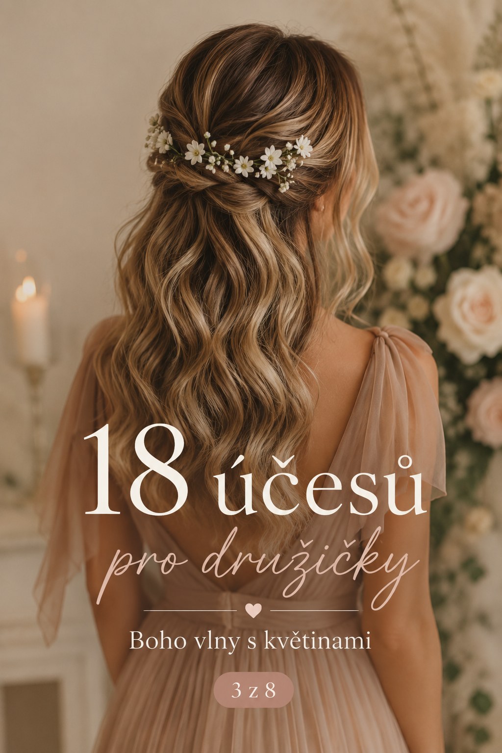 Boho vlny s vplétanými květinami, jemná varianta účesů pro družičky na venkovní svatbu