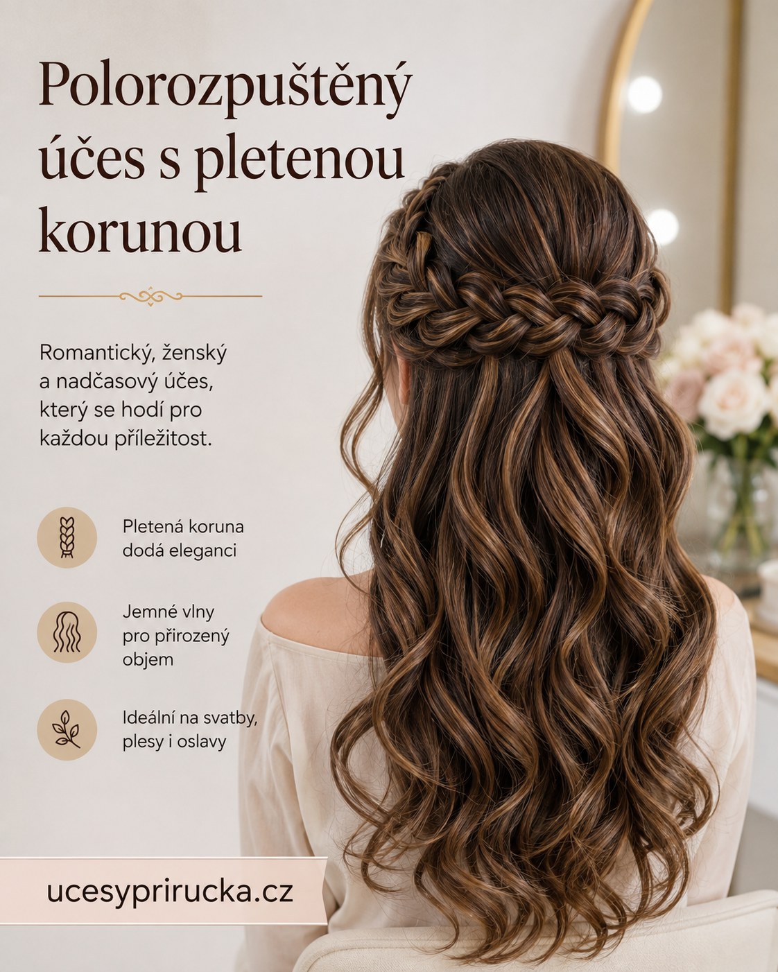 Polorozpuštěný účes s pletenou korunou zvýrazňující přirozené vlny a objem kudrn