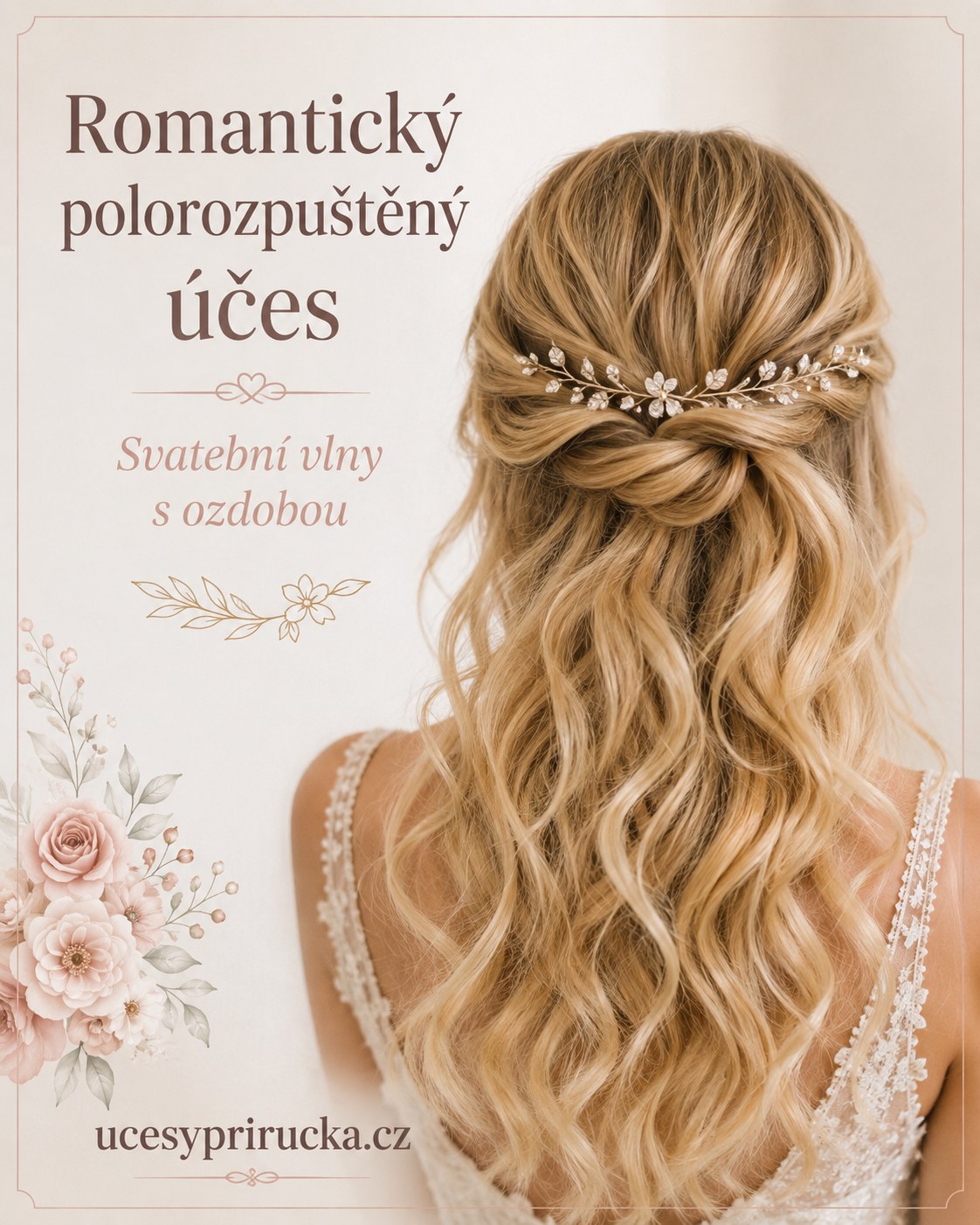 Romantický polorozpuštěný účes s vlnami a ozdobou do vlasů pro svatební kudrnaté vlasy
