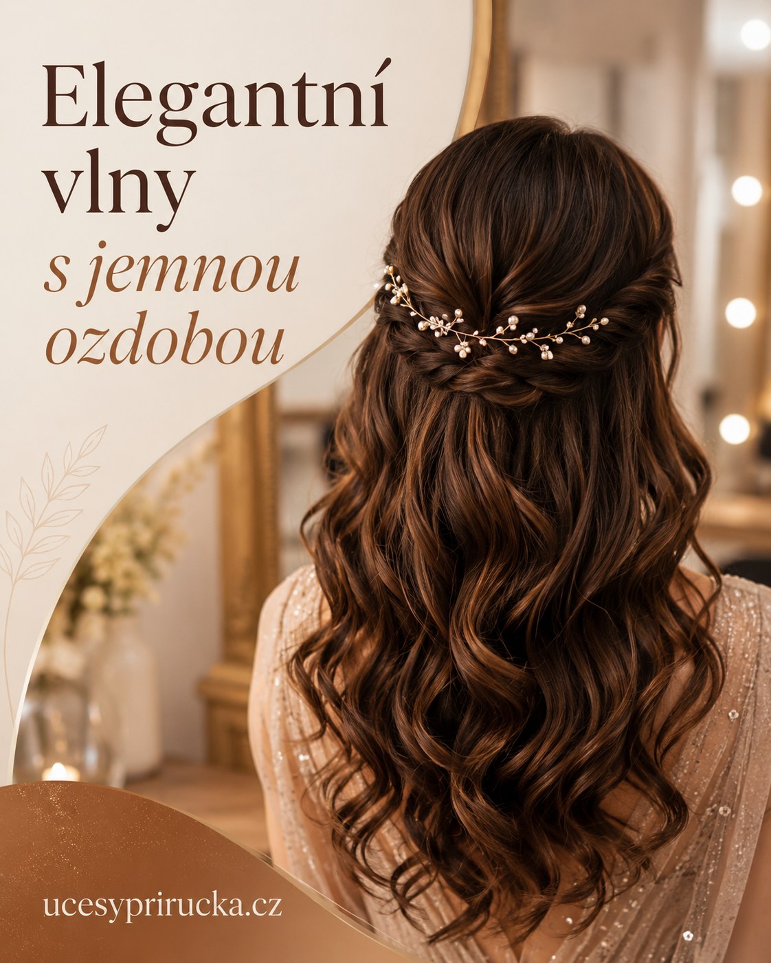 Elegantní vlny s jemnou perlovou ozdobou jako slavnostní účes pro kudrnaté vlasy