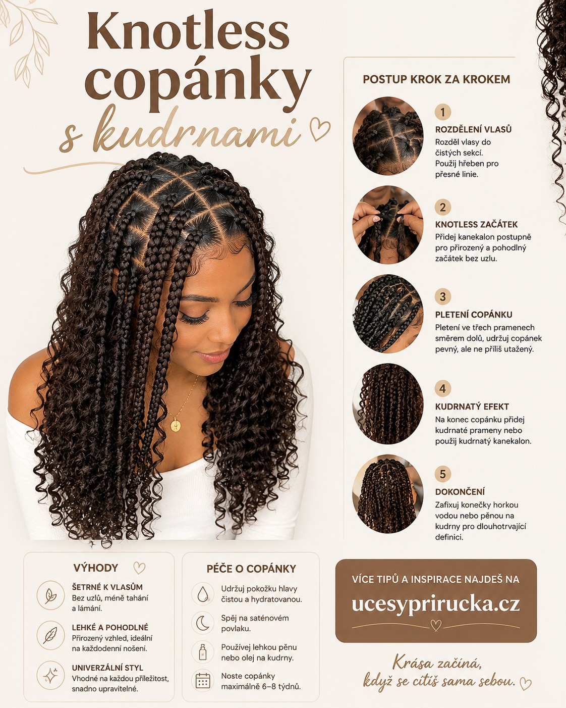 Knotless copánky zakončené kudrnatými prameny jako oblíbený ochranný účes pro kudrnaté vlasy