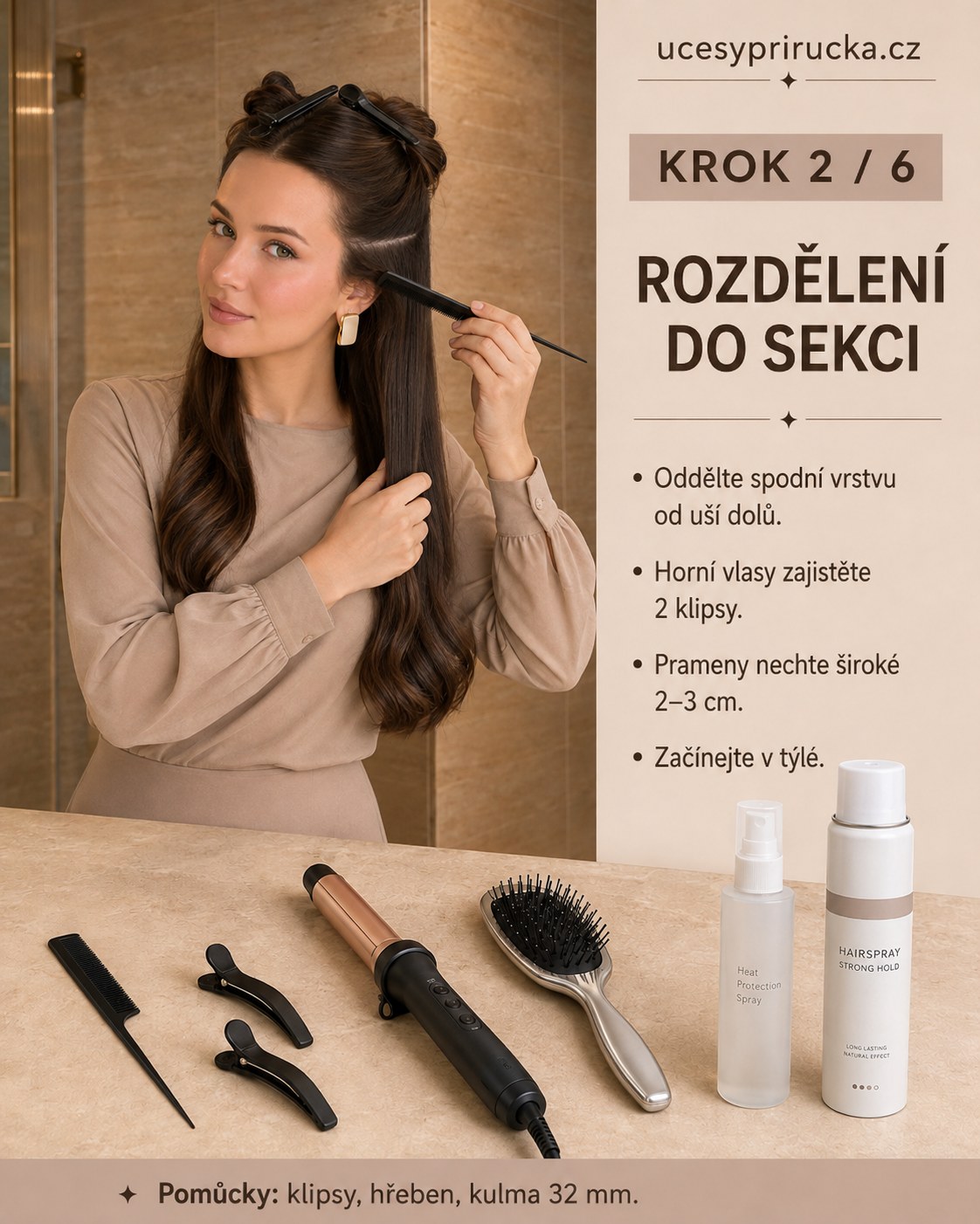 Rozdělení vlasů do sekcí pomocí klipů před natáčením jednoduchého účesu s čelenkou