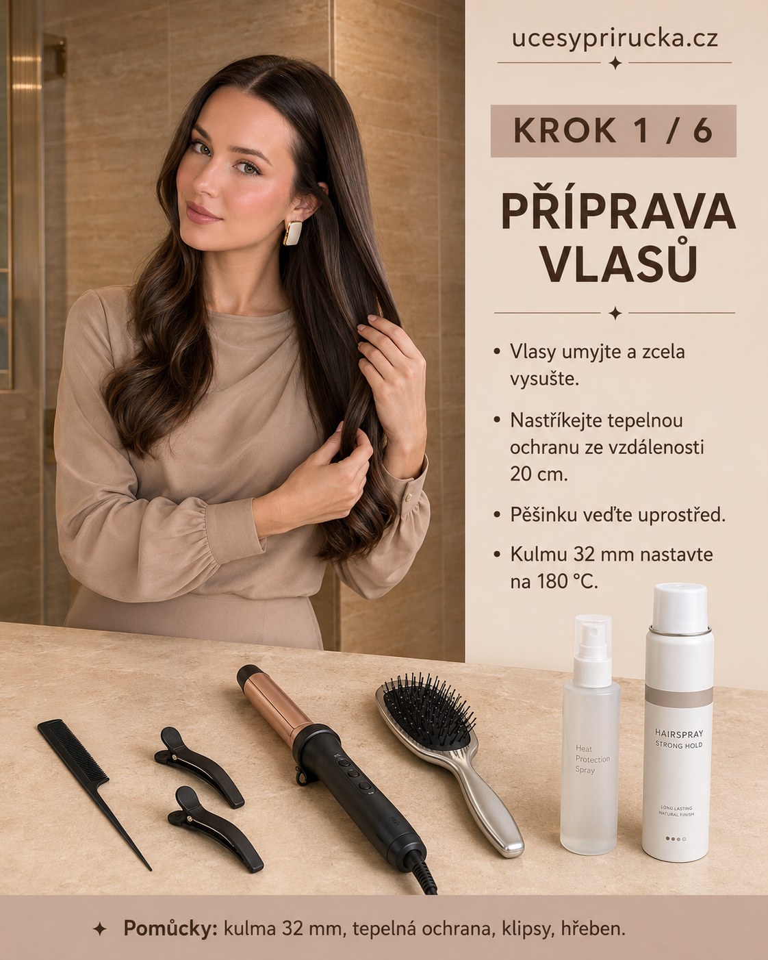 Příprava vlasů před natáčením kulmou 32 mm jako první krok na jednoduchý účes s čelenkou