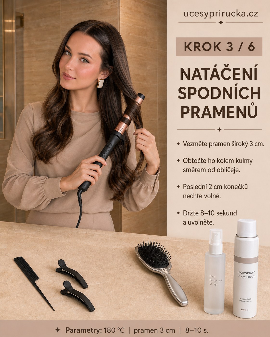 Natáčení spodních pramenů kulmou na 180 °C při tvorbě vln pro účes s čelenkou