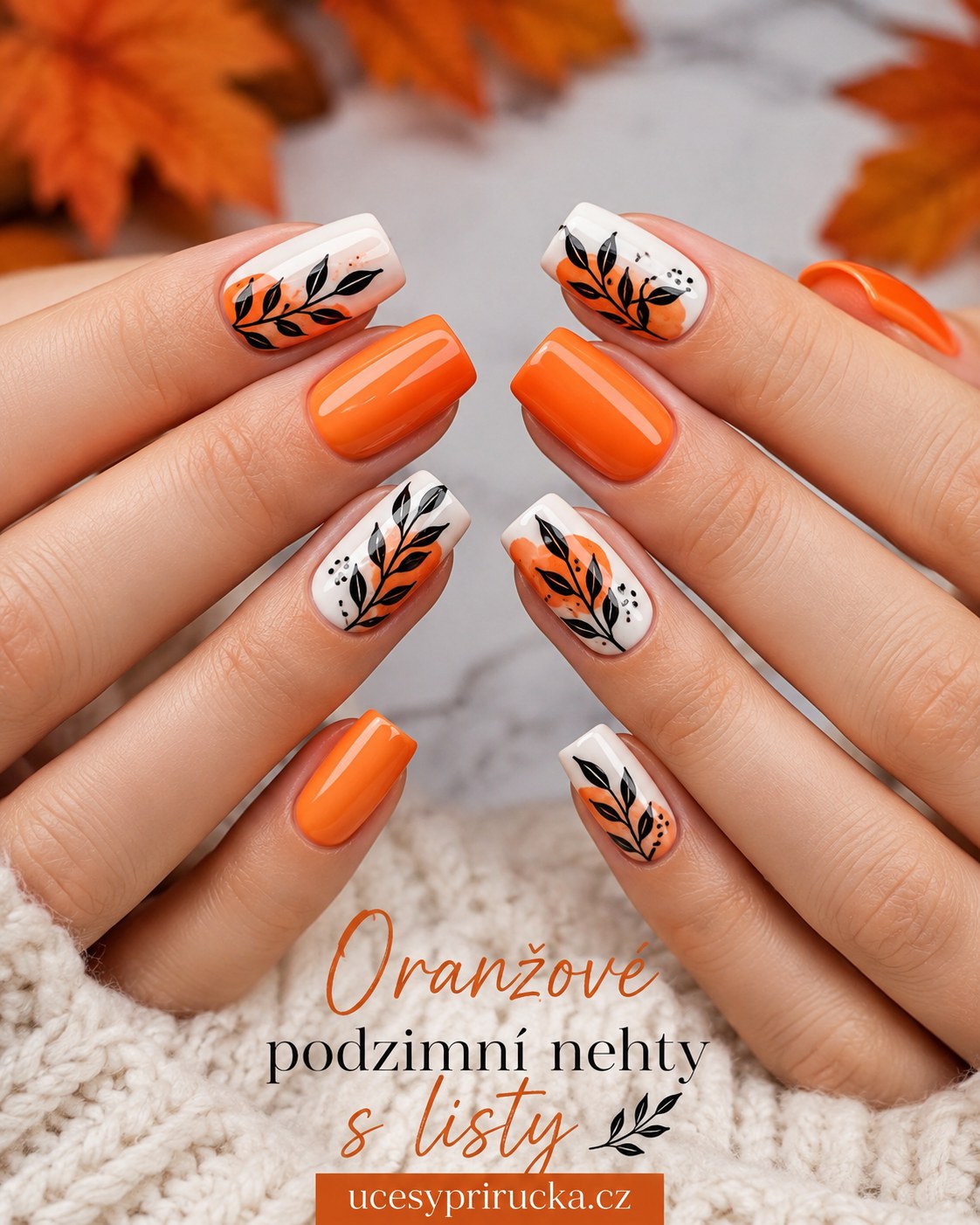Oranžové podzimní nehty s listy a bílým negative space efektem
