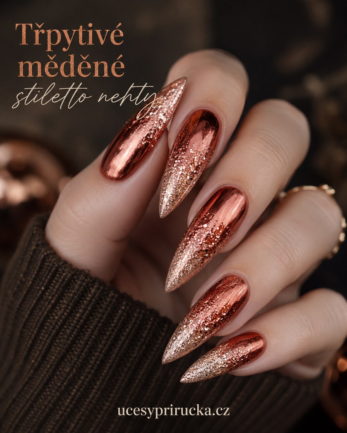 Třpytivé měděné chromové stiletto nehty s glitrovým ombré efektem