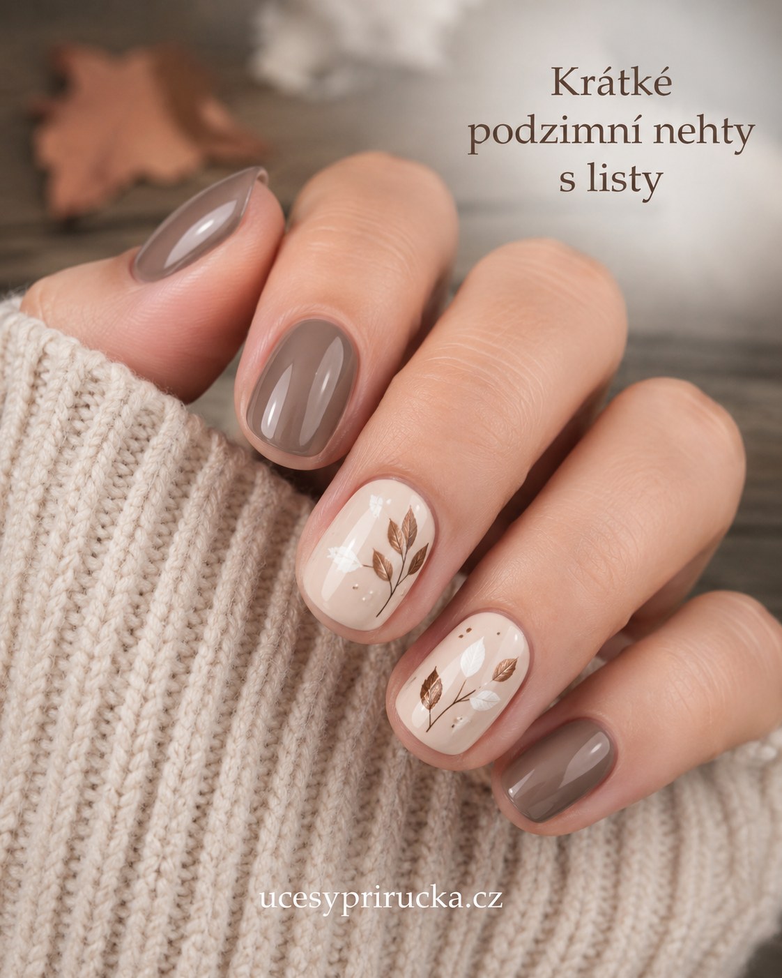 Krátké podzimní nehty s malovanými listy v taupe a béžovém odstínu