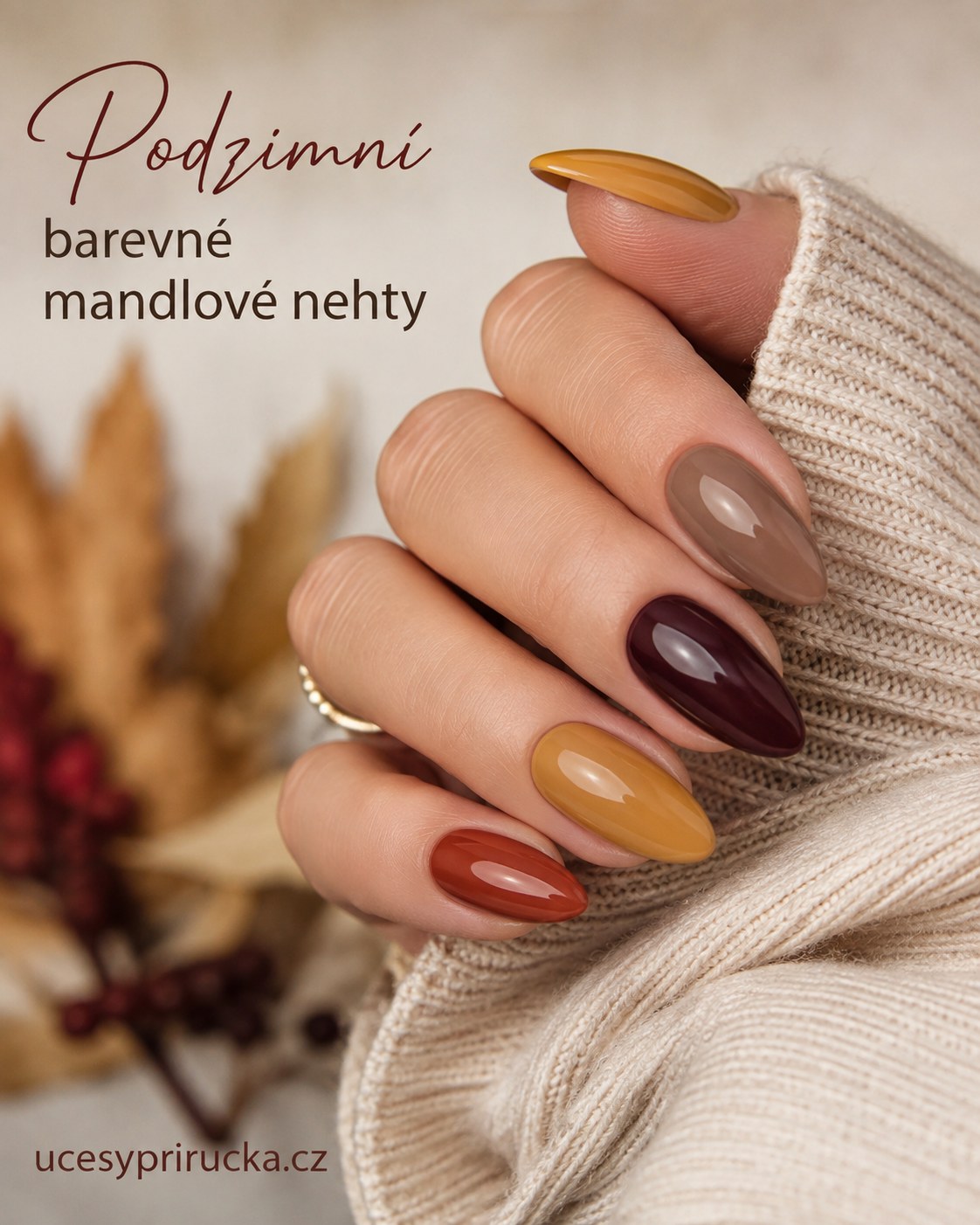 Barevné mandlové nehty v hořčicové, taupe a burgundy jako podzimní design nehtů