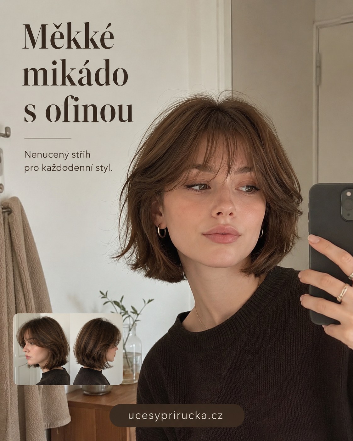 Měkké mikádo s ofinou jako nenucený každodenní styl krátkých vrstvených vlasů