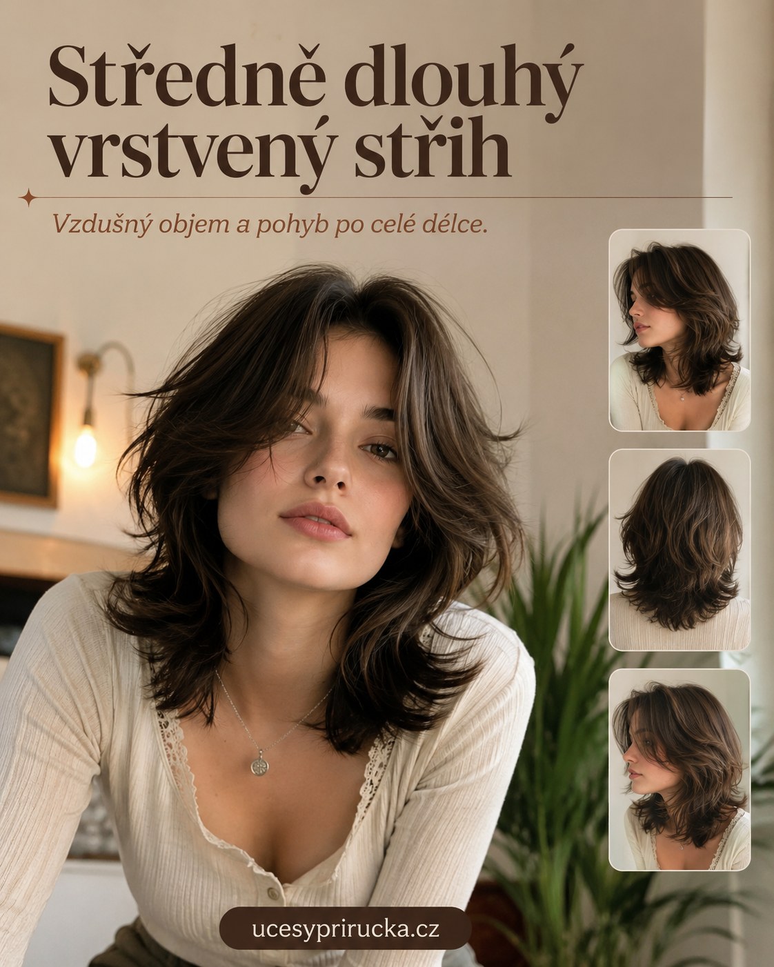 Středně dlouhý vrstvený střih s pohybem a vzdušným objemem po celé délce