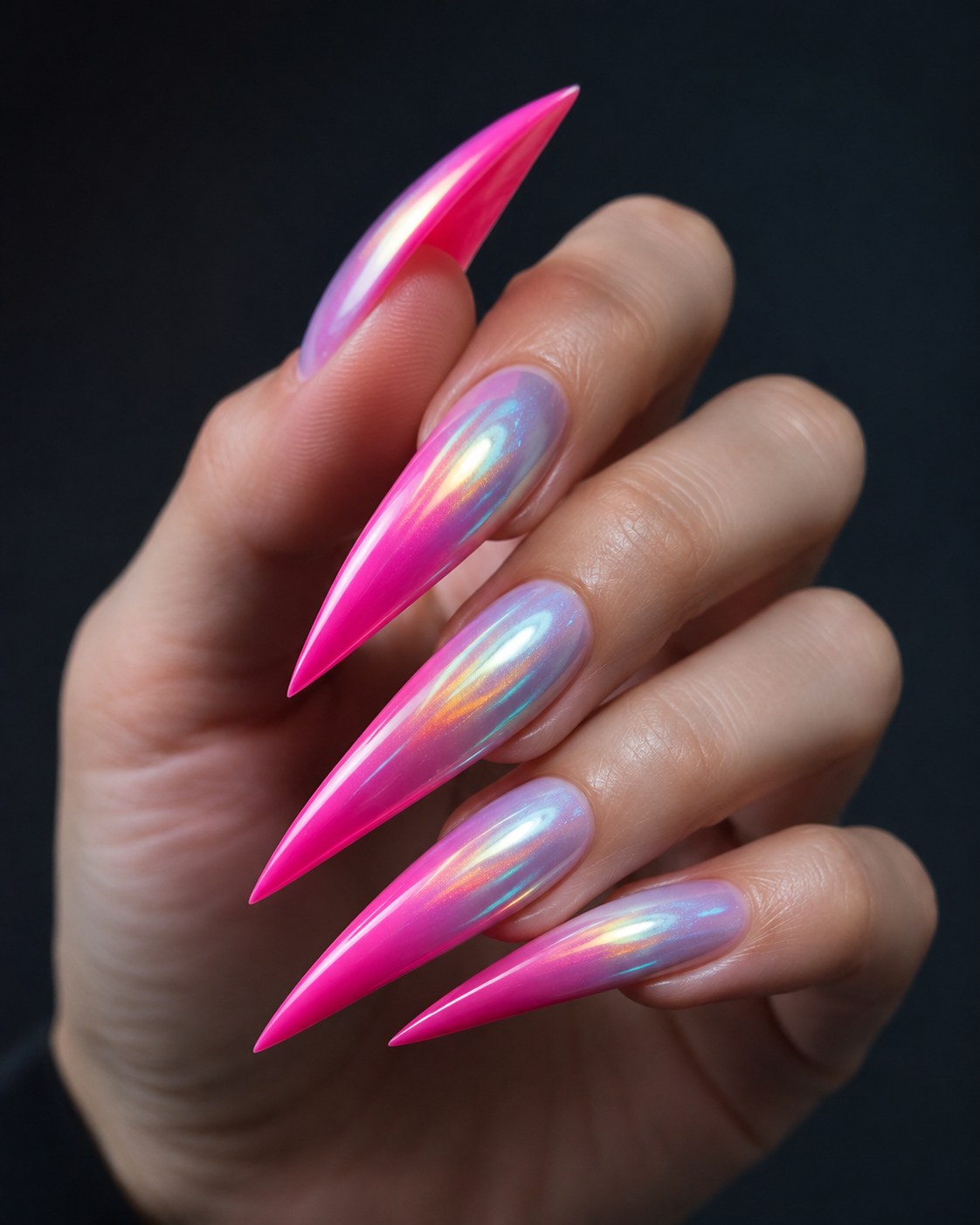 Neonově růžové letní nehty 2026 ve stiletto tvaru s chromovým efektem