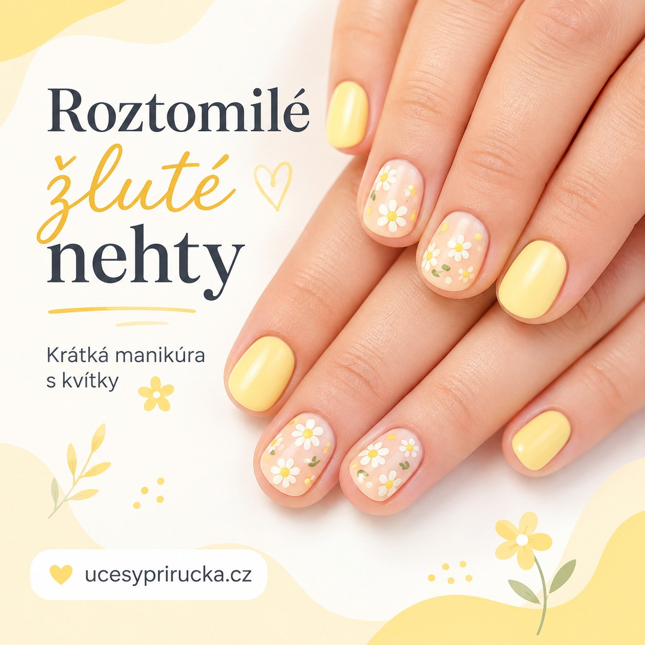 Roztomilé žluté nehty s kvítky na krátké manikúře, ideální pro každodenní nošení
