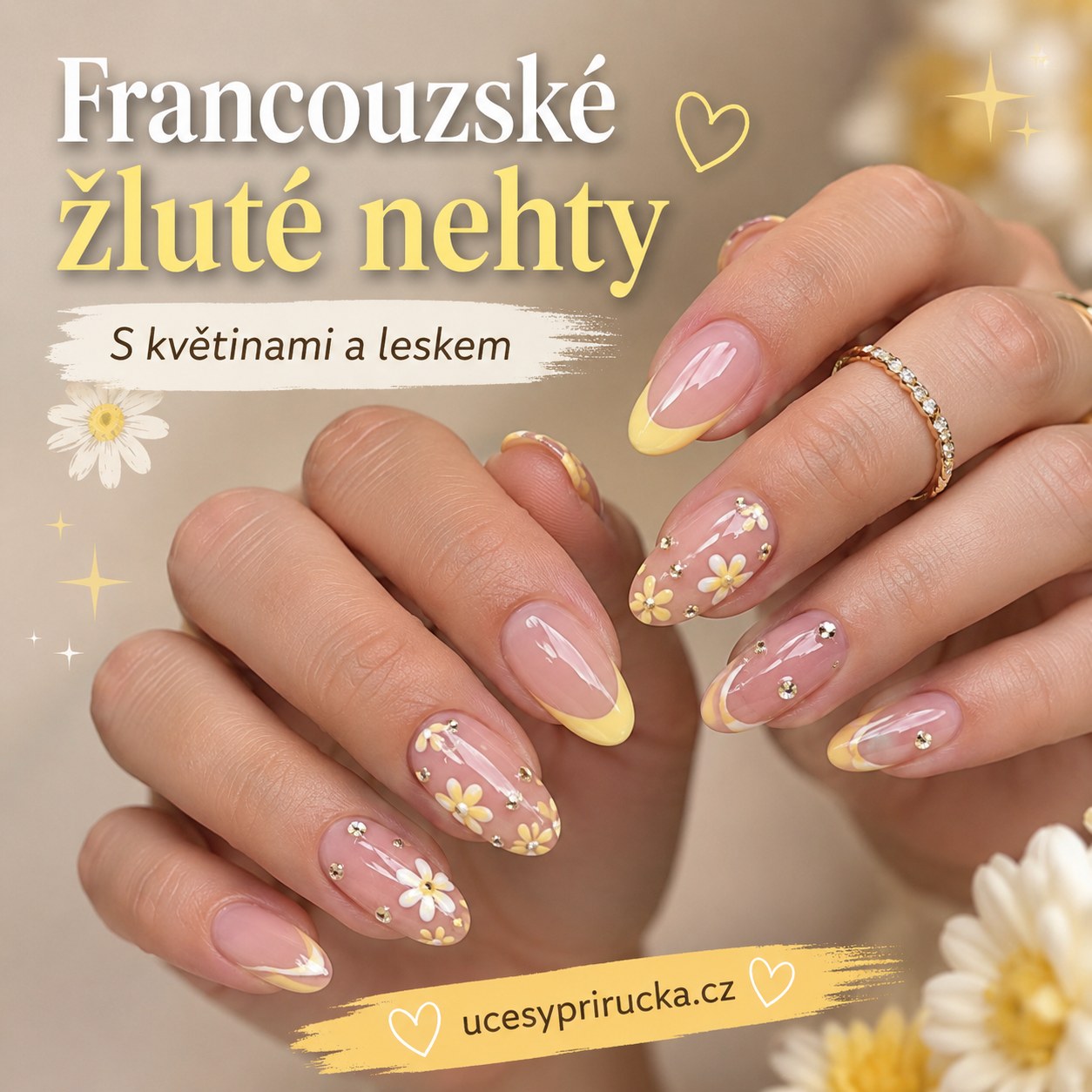 Francouzské žluté nehty s kytičkami a leskem, zdobené drobnými zirkony pro slavnostní příležitost