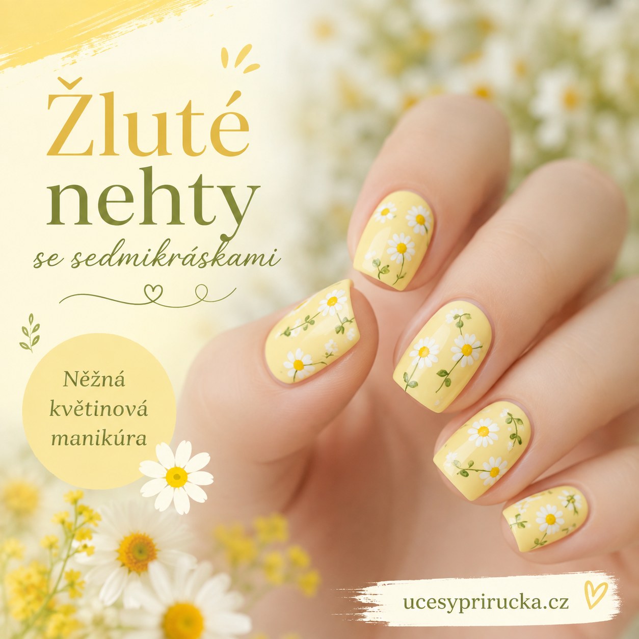 Žluté nehty se sedmikráskami po celé ploše nehtu jako romantická květinová manikúra na jaro
