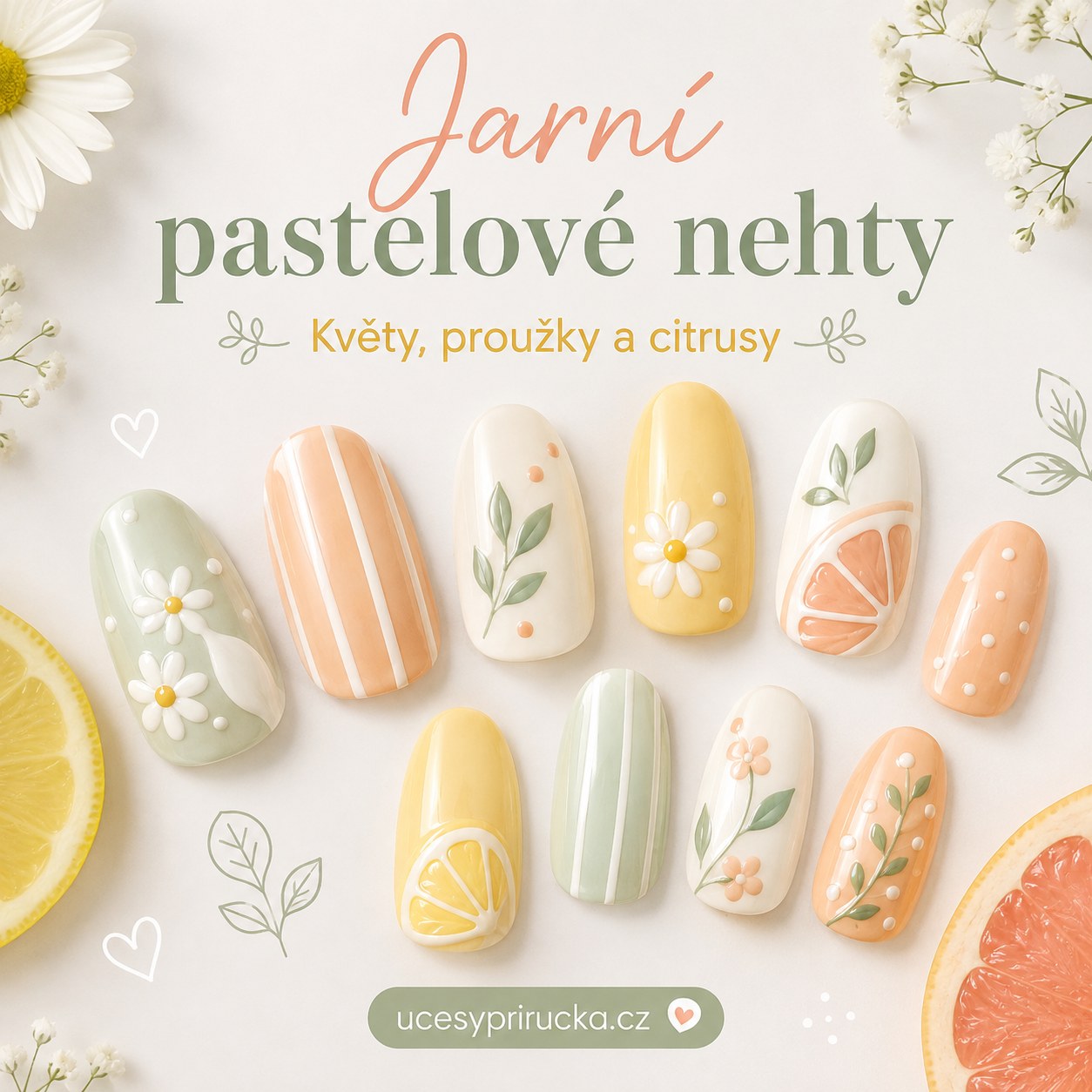 Jarní pastelové nehty s květy, proužky a citrusy v žluté, zelené a broskvové barvě