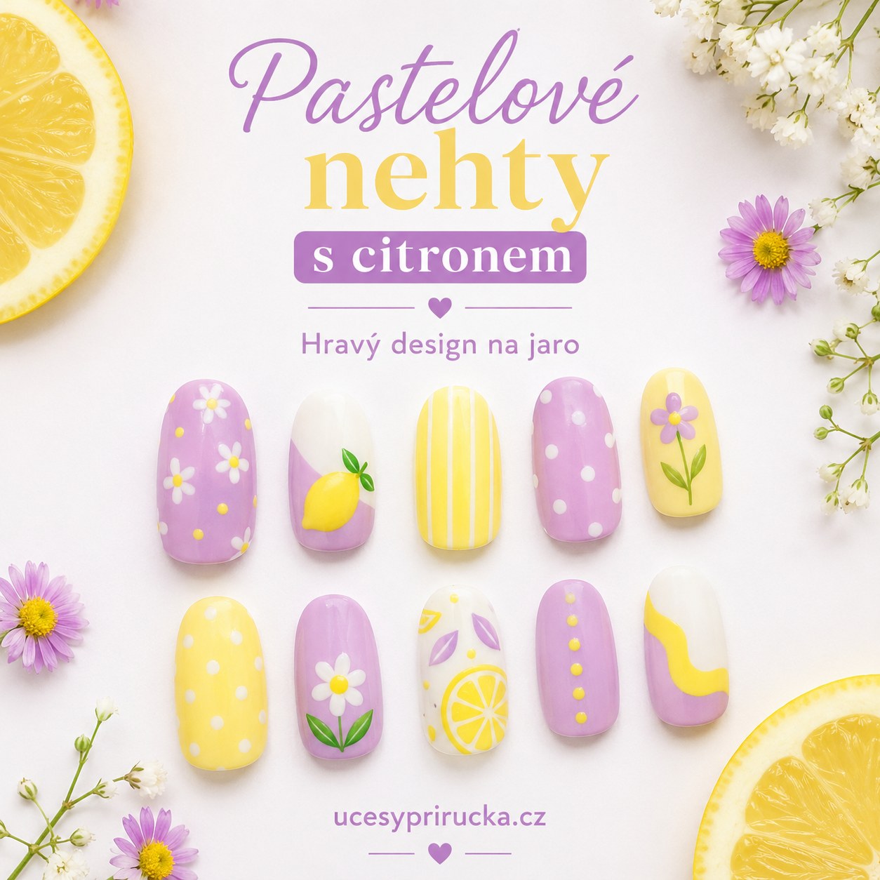 Pastelové nehty s citronem kombinují žlutou a levandulovou barvu s hravým citrusovým motivem