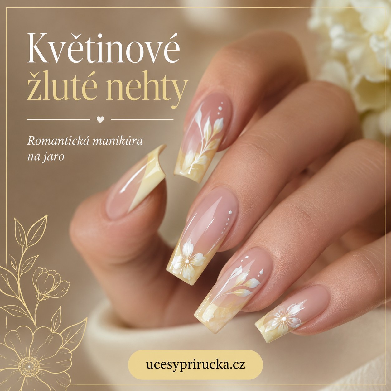 Květinové žluté nehty s romantickými bílo-žlutými kvítky na nude podkladu pro jarní manikúru