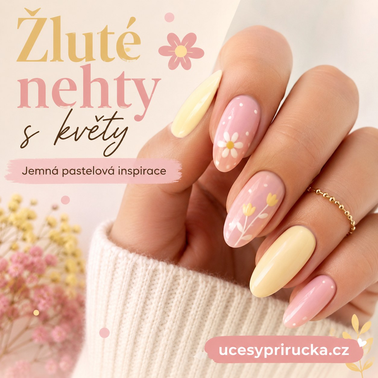 Žluté nehty s květy v růžovo-žluté kombinaci s jemnými kvítky pro jarní manikúru