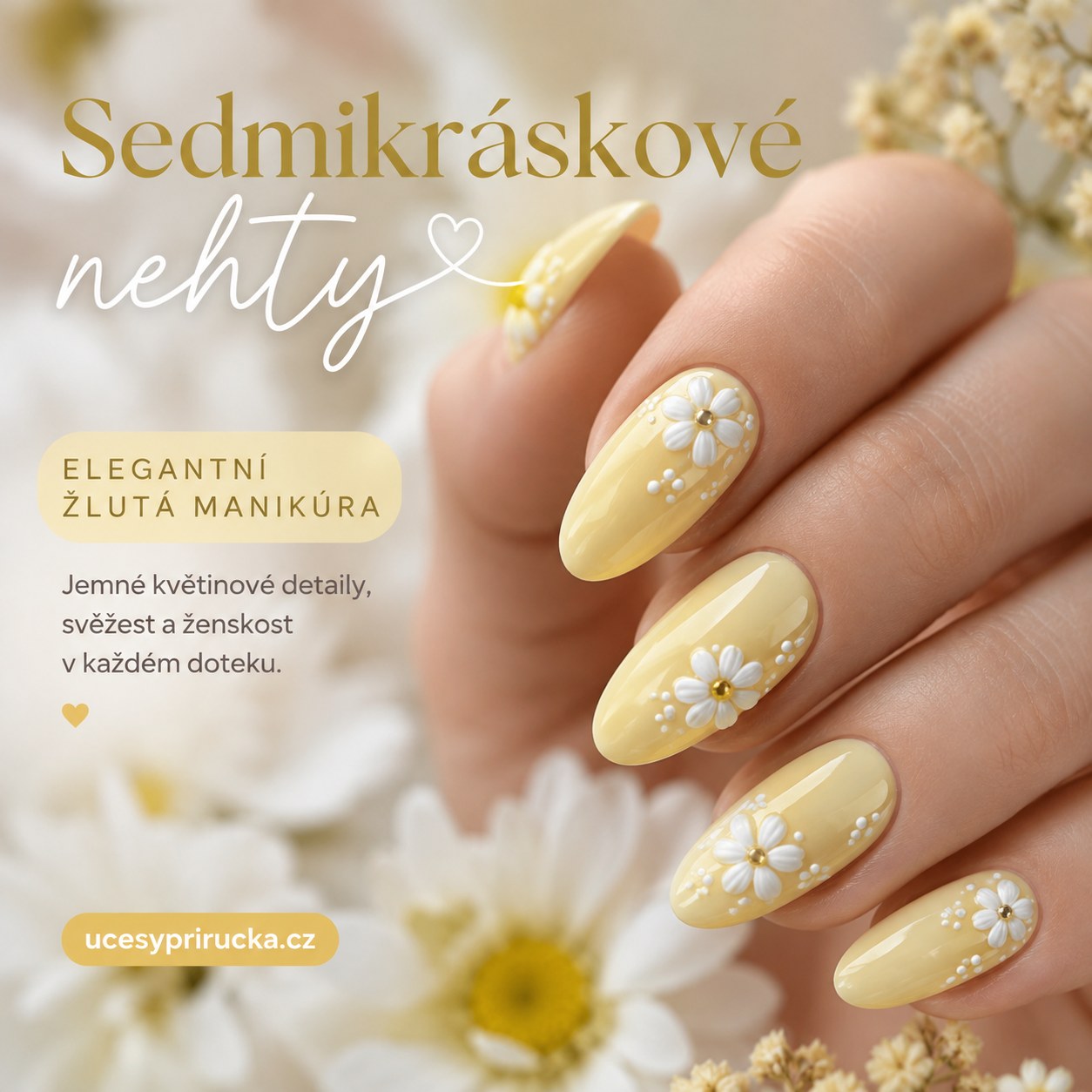 Sedmikráskové nehty v elegantní žluté barvě s bílými kytičkami a zlatými detaily