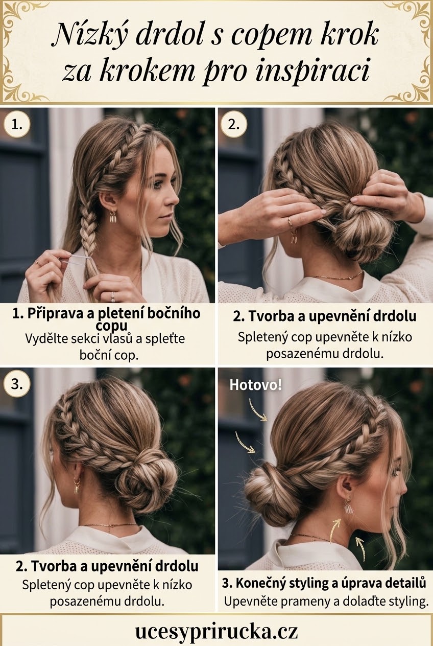 Nízký drdol s copem krok za krokem pro inspiraci