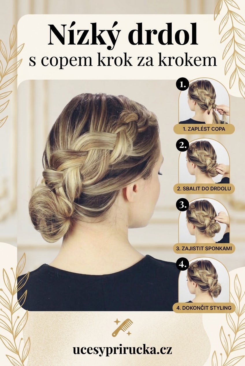 Nízký drdol s copem krok za krokem
