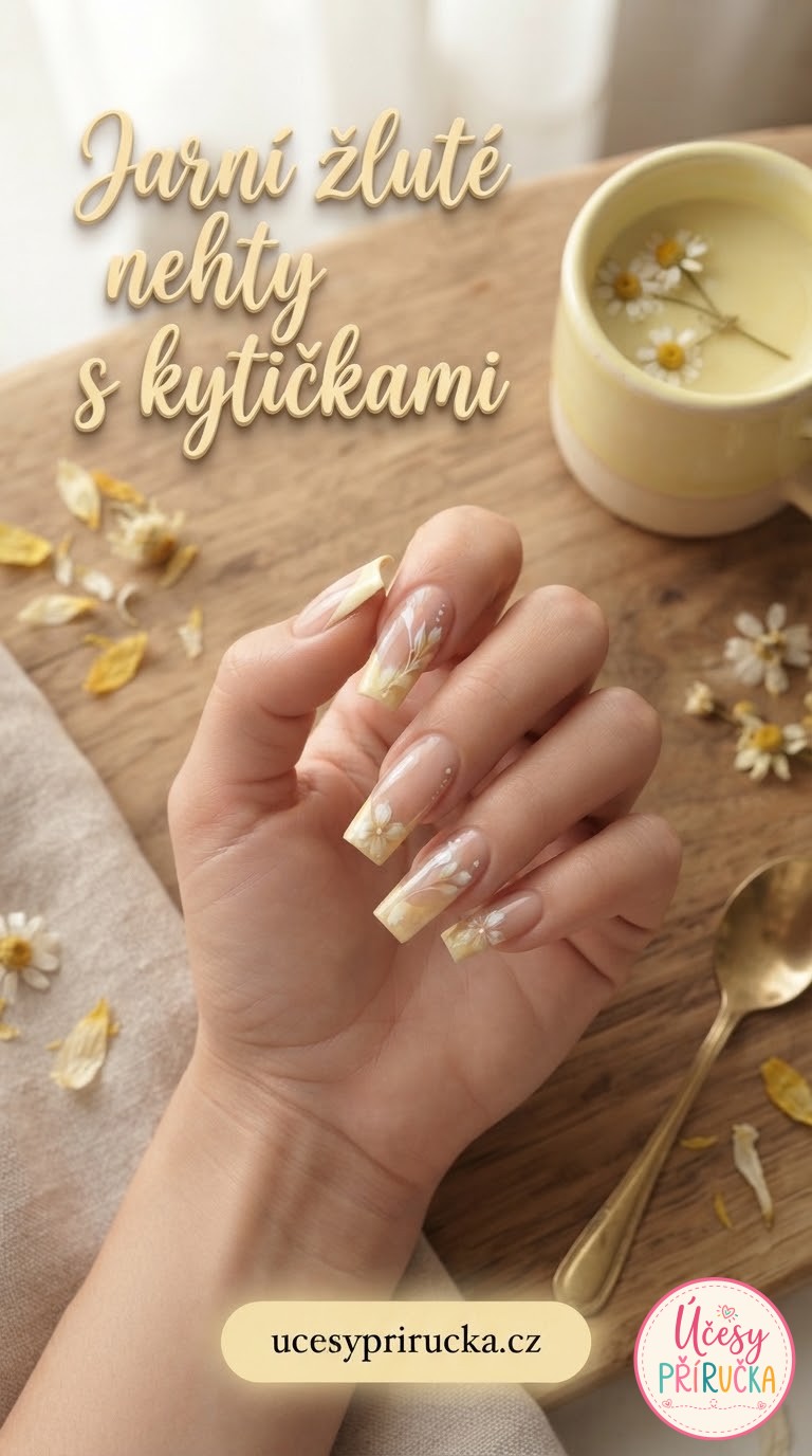 Jarní žluté nehty s kytičkami