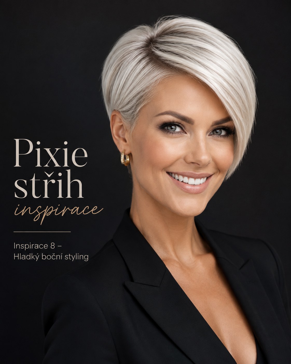 Hladký boční styling pixie střih inspirace s elegantním postranním dělením
