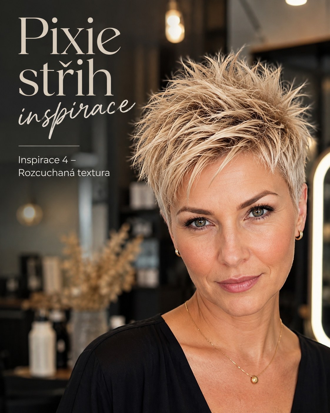 Rozcuchaná texturovaná pixie střih inspirace stylovaná matnou pastou do kořínků