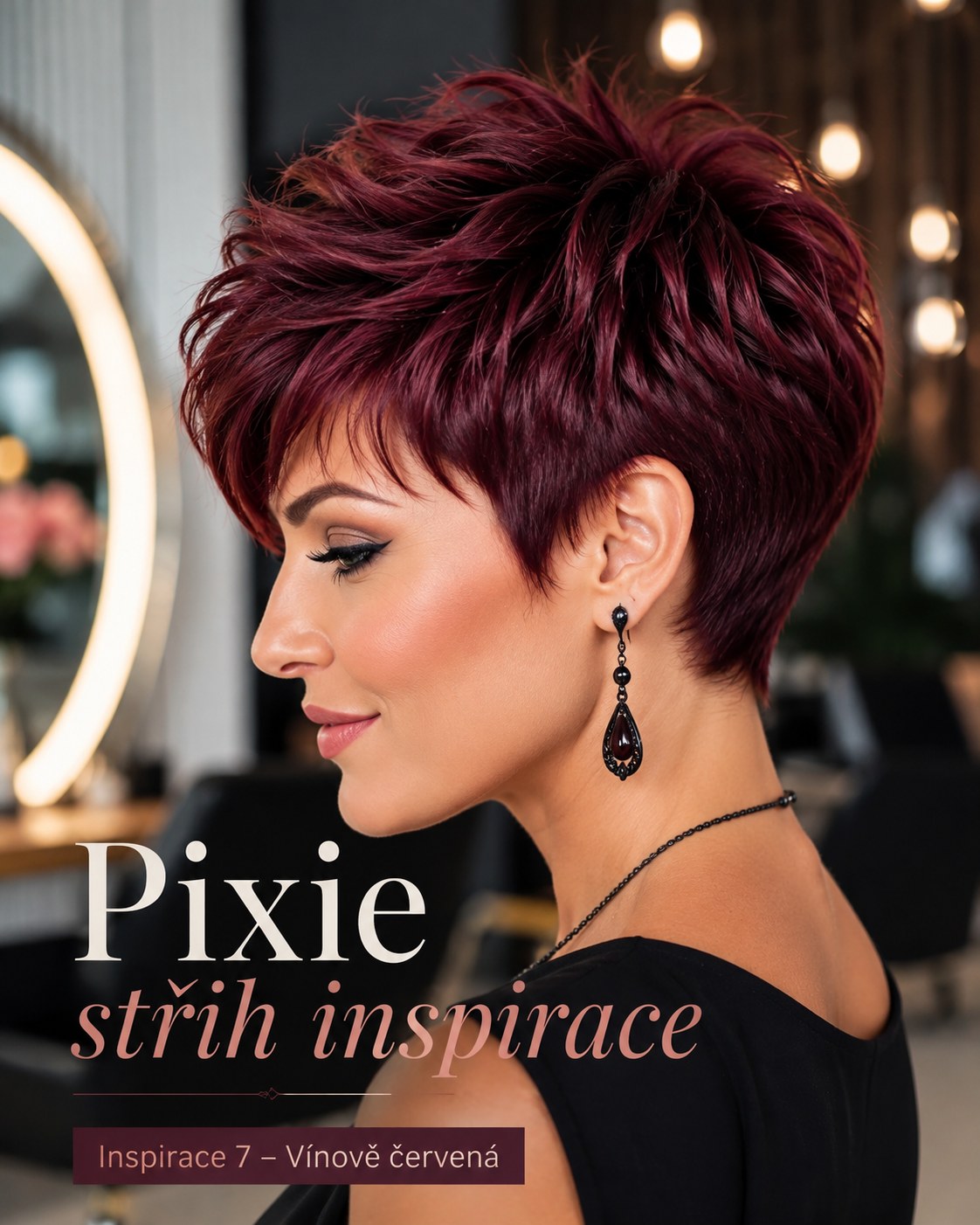 Vínově červená pixie střih inspirace se sytým pigmentem na krátké délce vlasů