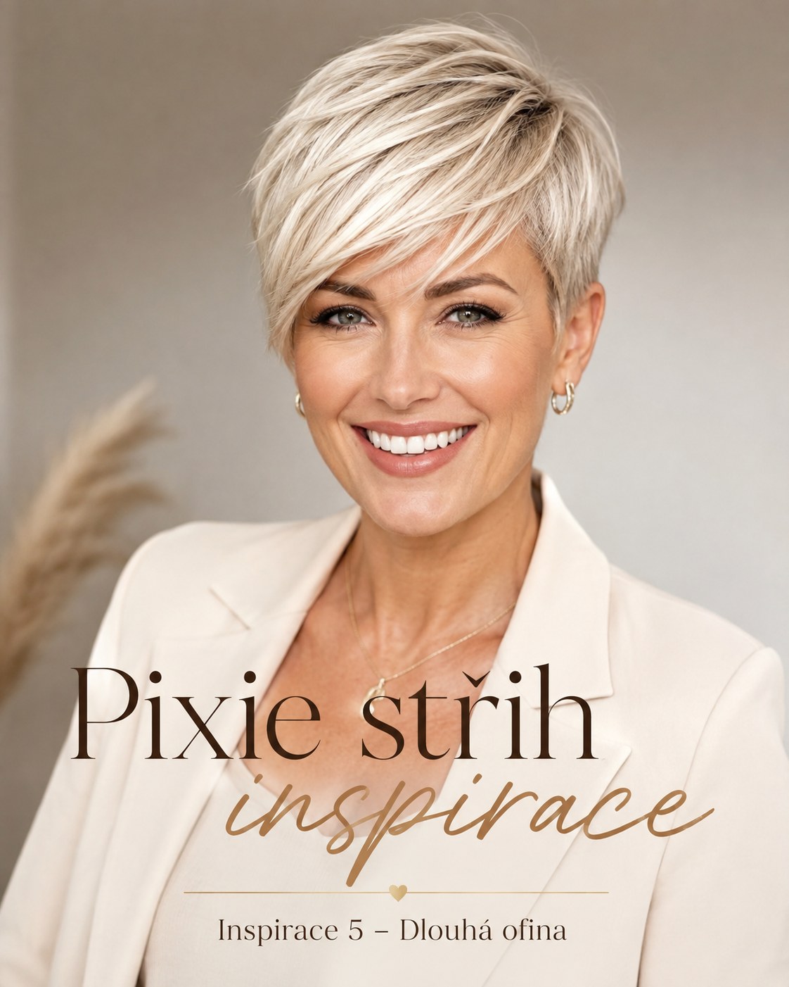 Pixie střih inspirace s dlouhou šikmou ofinou pro všestranný každodenní styling