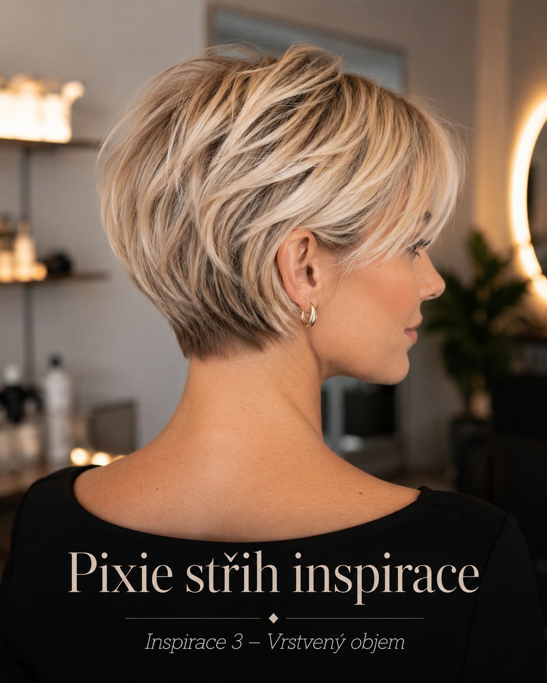 Vrstvený pixie střih inspirace s pohledem na tvarovaný zátylek a nižší partie