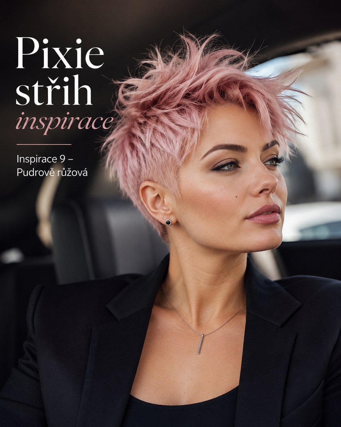 Pudrově růžová pixie střih inspirace na odbarvené platinové bázi vlasů