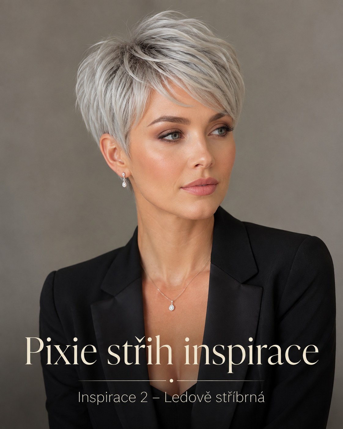 Ledově stříbrná pixie střih inspirace vhodná pro přechod k přirozené šedi