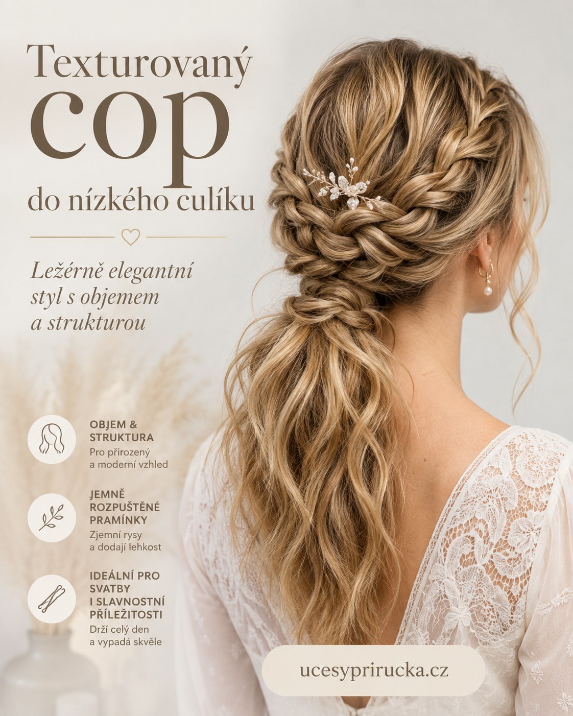 Texturovaný cop do nízkého culíku, svatební účes s kudrnami s objemem a strukturou