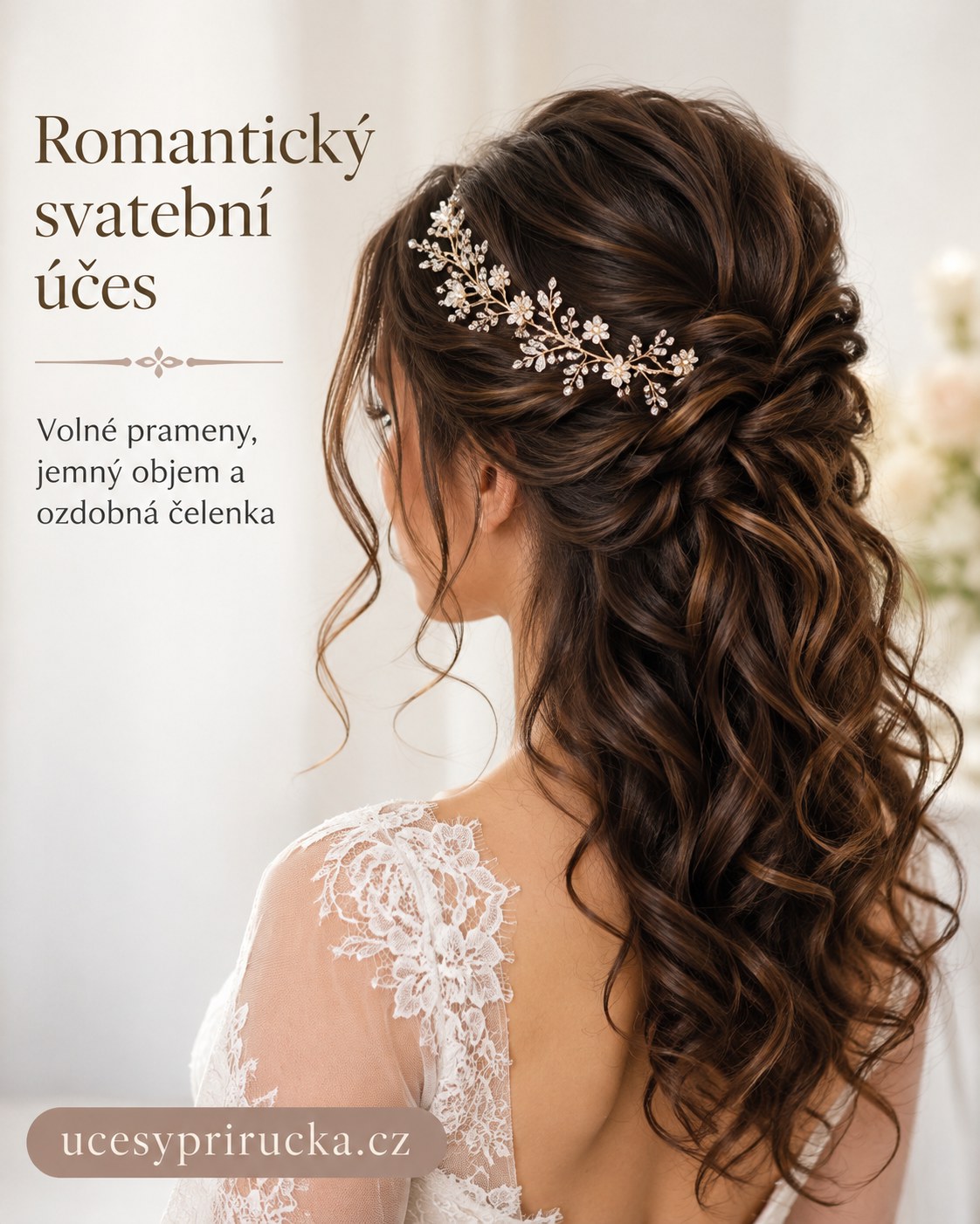 Romantický svatební účes s kudrnami, volnými prameny a ozdobnou čelenkou