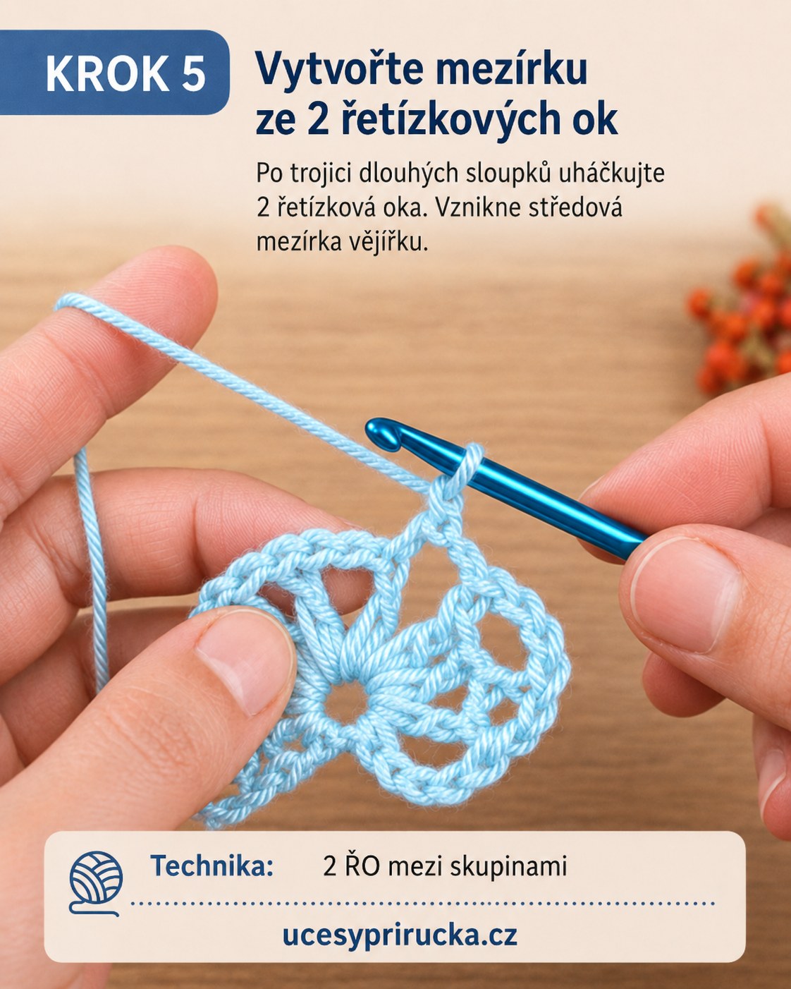 Vytváření vzdušné mezírky ze dvou řetízkových ok uprostřed vějířkového motivu