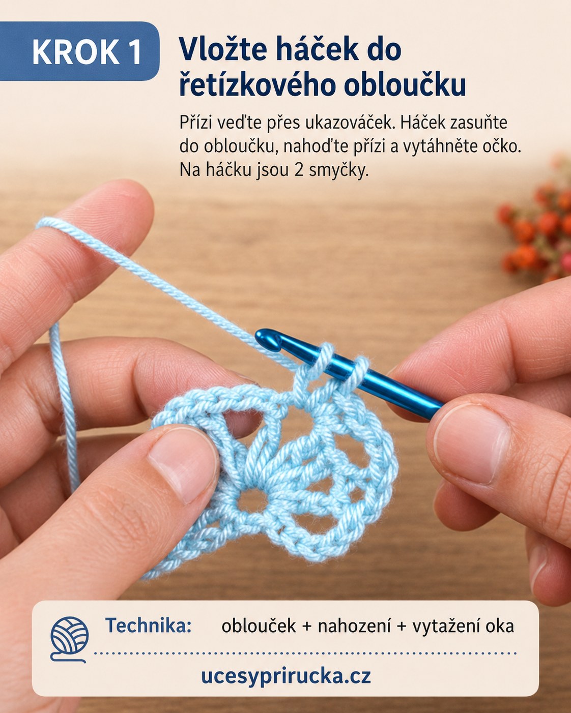 Ruce zasouvají háček do řetízkového obloučku při tunisském háčkování vzor začátku vějíře