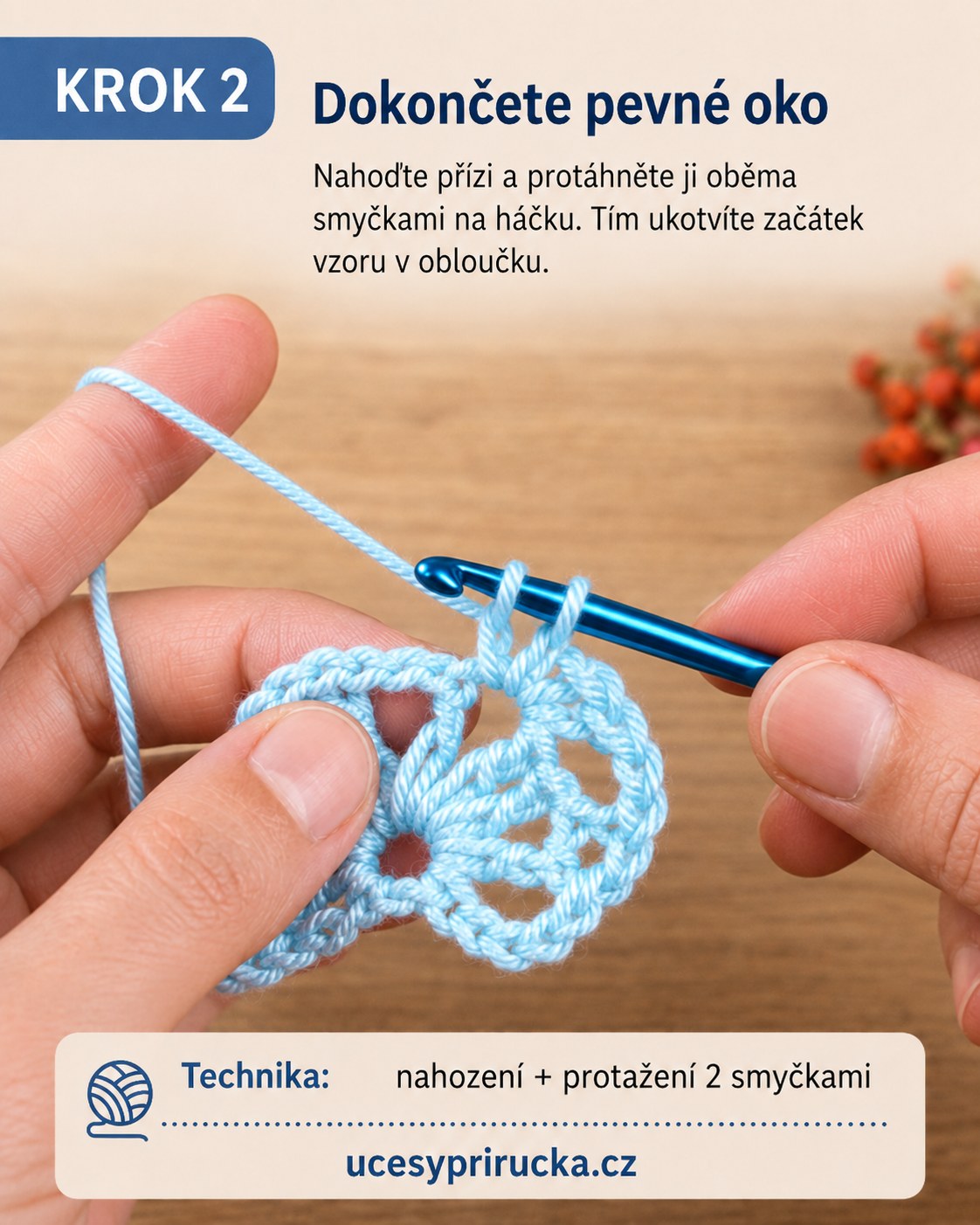 Dokončení pevného oka protažením dvou smyček na háčku u háčkovaného vějířkového vzoru