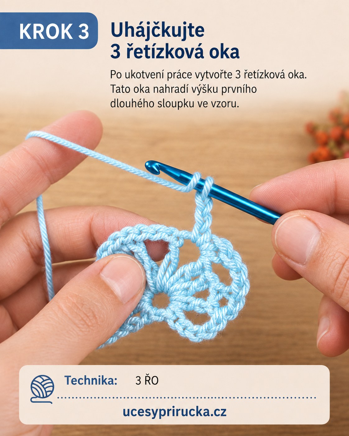 Háčkování tří řetízkových ok nahrazujících výšku sloupku ve vzoru krajky