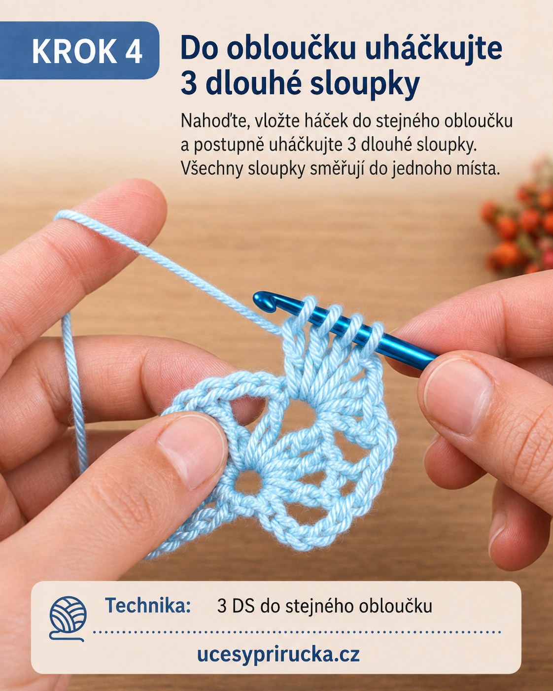 Tři dlouhé sloupky uháčkované do stejného obloučku podle tunisské háčkování vzor metody